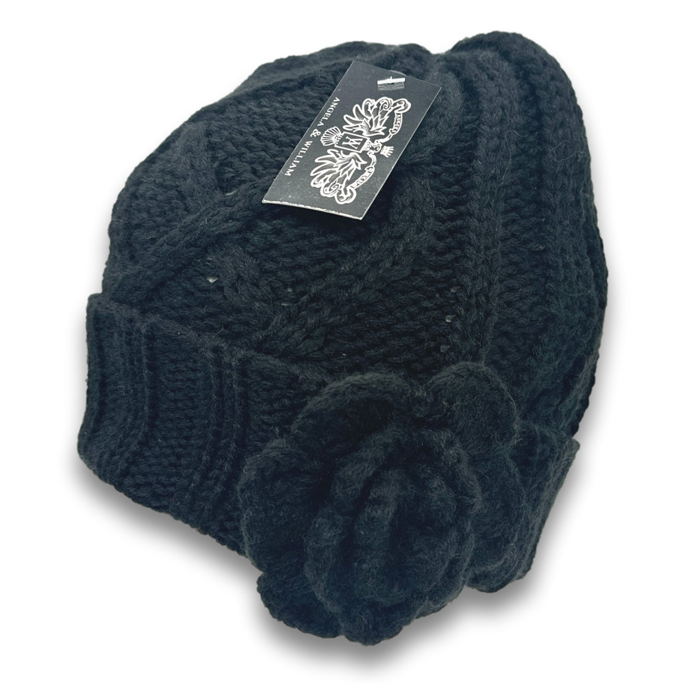 Black Thick Warm Knit Beanie Long Cuffed With Flower Accent Fall Winter Snow Hat